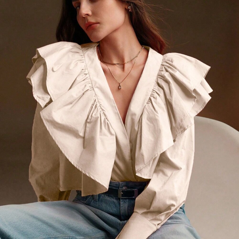Khaki Casual Women's Elegant Ruffled Lantern Sleeve V-Neck Blouse - Picture 7 of 7